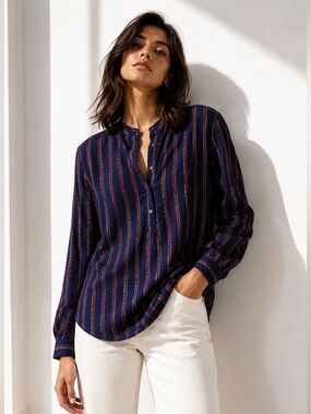 J. Crew Navy Blue and Burgundy Striped Tunic Top